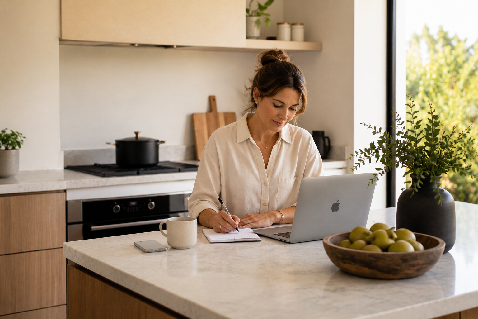 A woman at a sunlit kitchen bench, writing the week's notes beside her laptop.